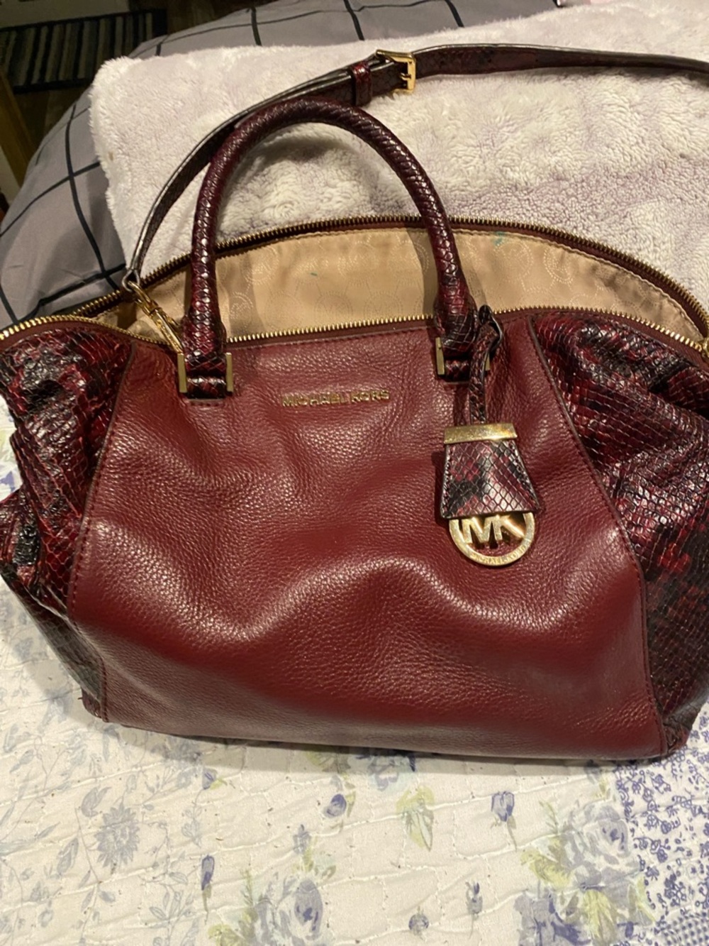 Michael Kors Burgundy Leather Satchel with Snake-Texture Accents